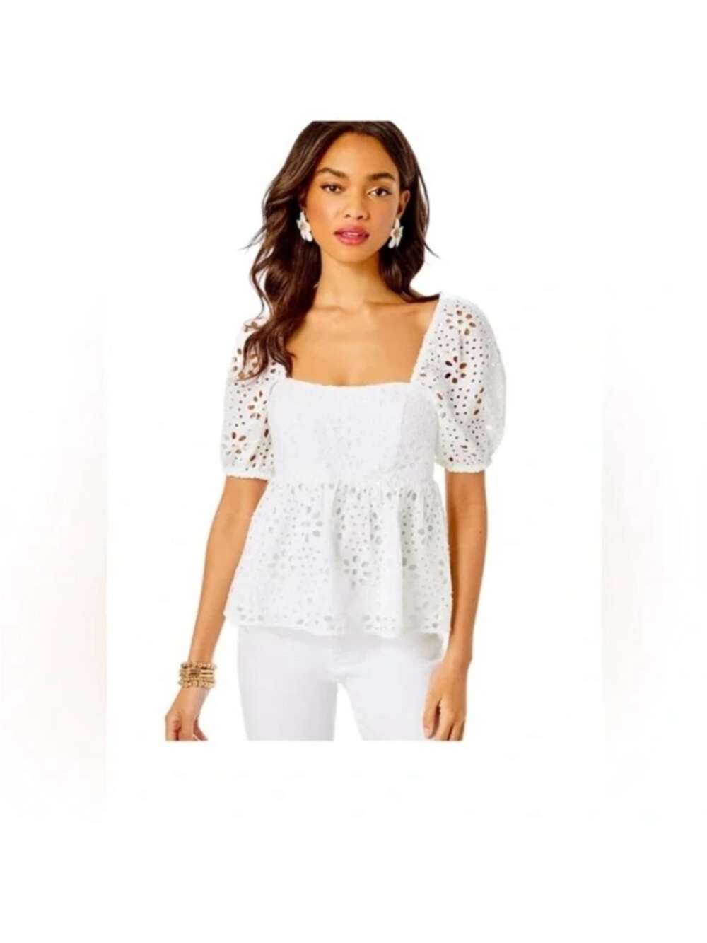 Lilly Pulitzer White Eyelet Peplum Puff-Sleeve Top